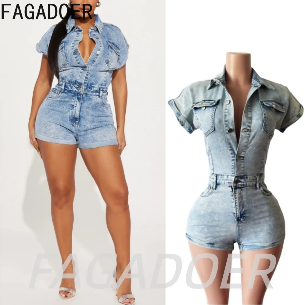 FAGADOER Fashion Denim Bodycon Romper Women Stretch Pockets Patchwork Jean Jumpsuits Summer Streetwear Party Club Street Playsui