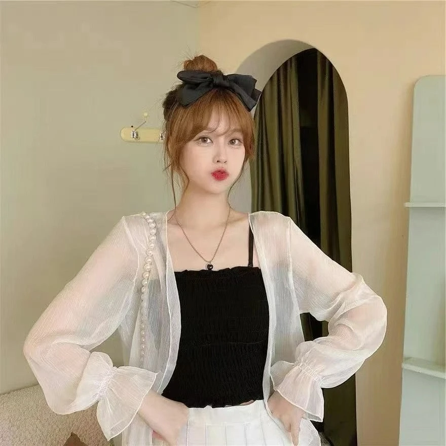 Thin White Cardigan Women Summer Sunscreen Knitwear Chiffon Tops Lady Korean Casual Long Sleeve Short Sun Protected Tops D940