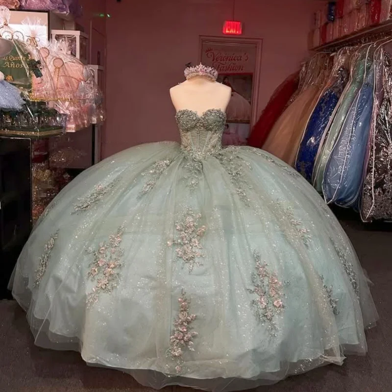 Customized Shiny light green Off Shoulder Quinceanera Dress Tull Lace layering 3D flower applique vestidos de 15 Quinceanera