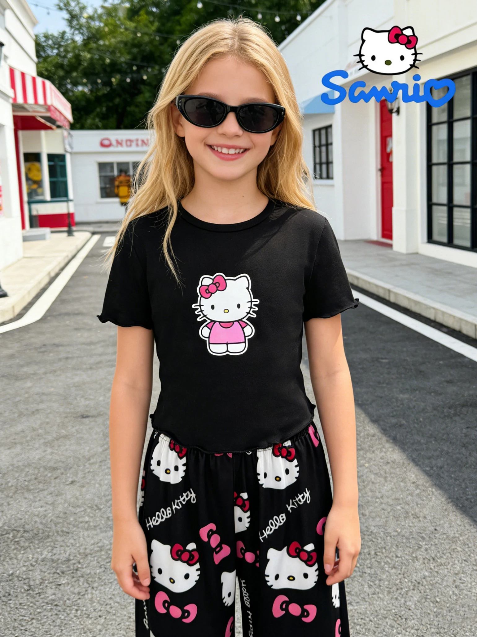 Sanrio girls' short sleeved pants set for summer, Hello Kitty T-shirt wide leg pants for spring and summer outdoor leisure