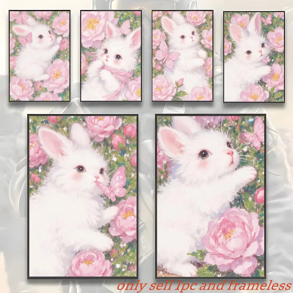 Pink Cute Rabbit Scenery Family Poster Art with prints Home bedroom living room decoration gift