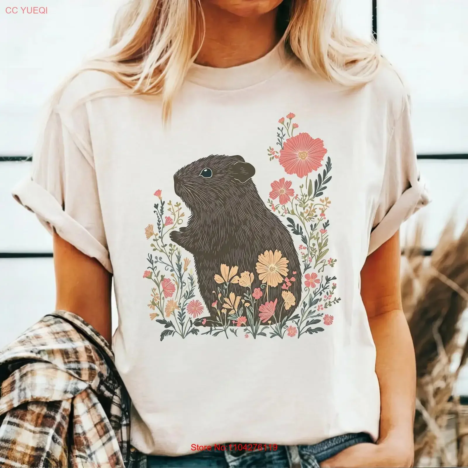 Camiseta vintage Boho Wildflower Guinea Pig de algodón suave en tallas S-4XL para verano, ideal para amantes de los animales y propietarios de mascotas.