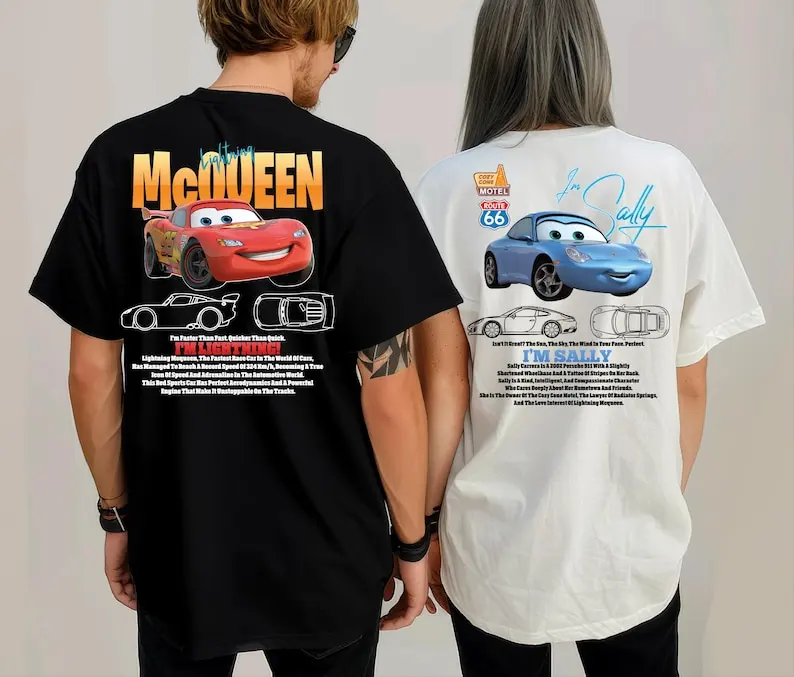 البرق ماكوين وسالي مطبوعة زوجين تي شيرت الرجال سالي وماكوين الصيف تنفس التجفيف السريع عادية المتضخم تيز #1