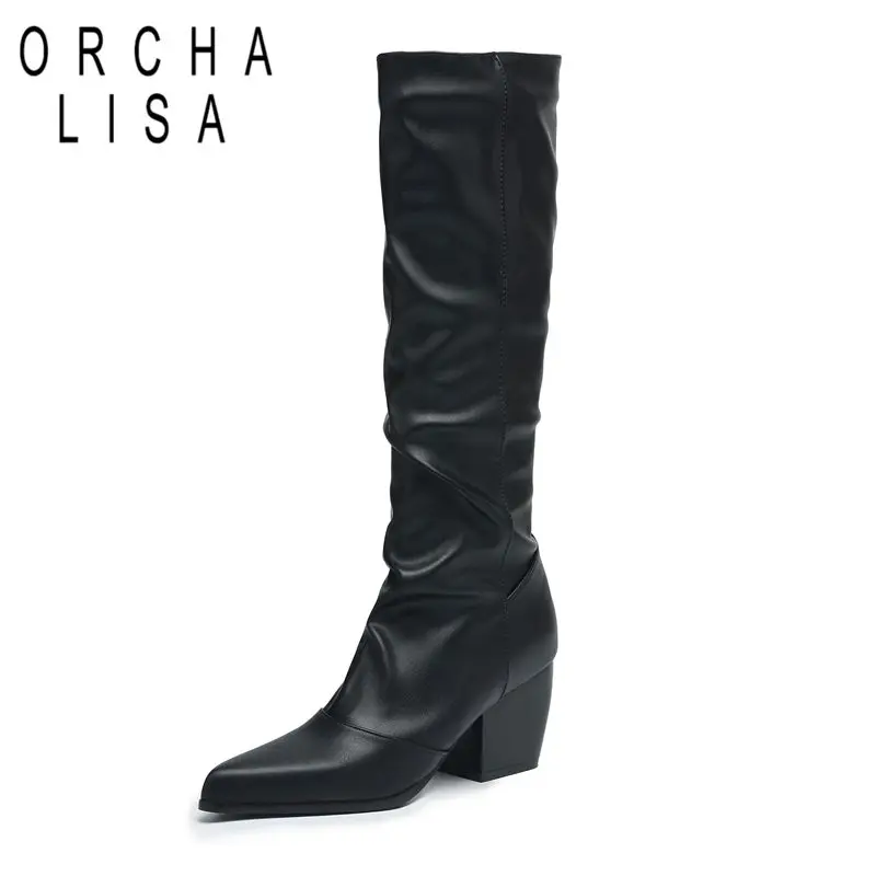 

ORCHA LISA 2025 Vintage Women Knee High Boots Pointed Toe Block Heels 7cm Slip On Large Size 41 42 43 Fashion Daily Riding Bota