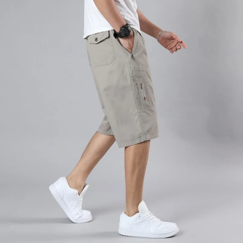 Men's Summer Solid Pockets Button Letter Embroidered Zipper Casual Loose Work Trousers Vintage Fashion Office Lady Shorts