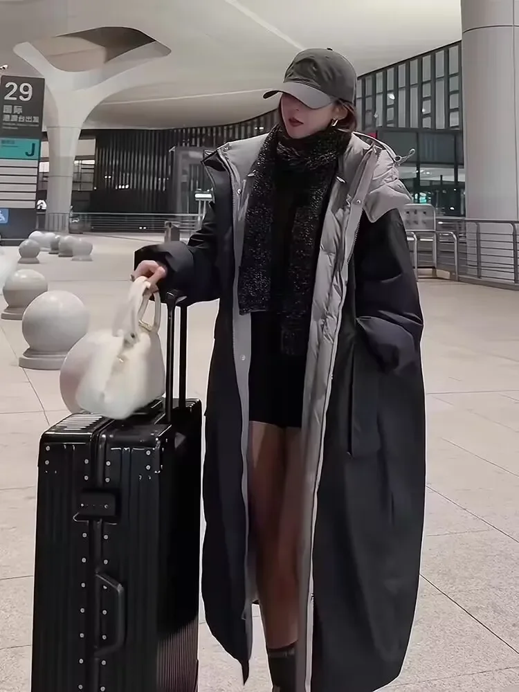 女性用ダウンジャケット 両面着用可能 韓国風パッド入りジャケット ロングルーズフード付き厚手ウィンドブレーカー 新しいダウンコート