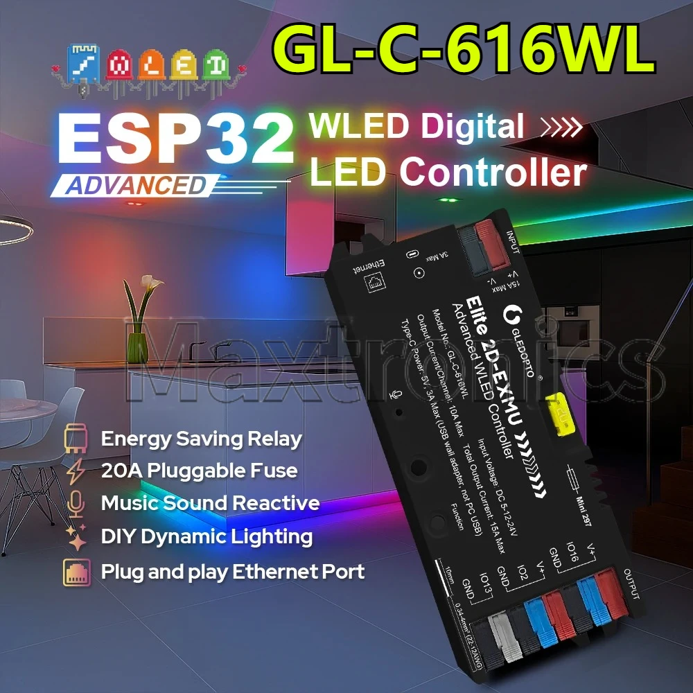 GLEDOPTO Elite ESP32 WLED Controller 20A Fuse Dynamic Sound Reactive Energy Save Relay for WS2811 WS2812 SK6812 RGBIC led Strip