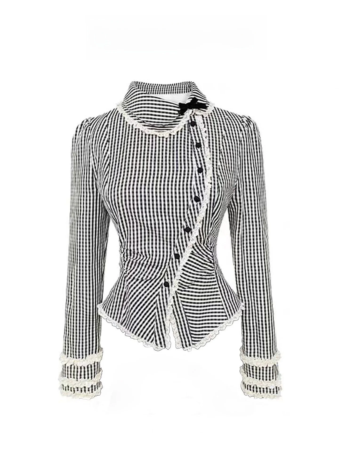 

Женская осенне-зимняя клетчатая асимметричная длинная кукольная воротник с милой кружевной отделкой и пуговицами, эффект похудения