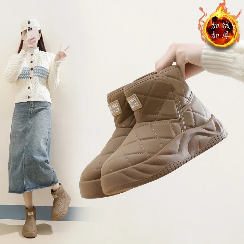 

Зимние меховые женские плюшевые зимние сапоги, теплые непромокаемые короткие ботинки, кожаные ботинки на плоской подошве с толстой подошвой