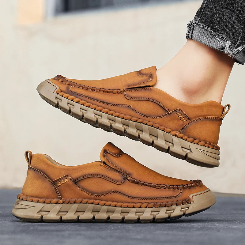 

Мужские повседневные туфли ручной работы с вышивкой, весенние низкие кожаные рабочие ботинки без шнуровки, противоскользящие износостойкие уличные лоферы