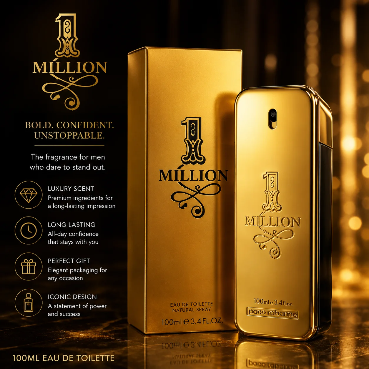 

1 Million Style Gold Bar Perfume For Men 100ml - Long Lasting Spicy Woody Cologne - Luxury Gold Bottle Fragrance Gift For Him