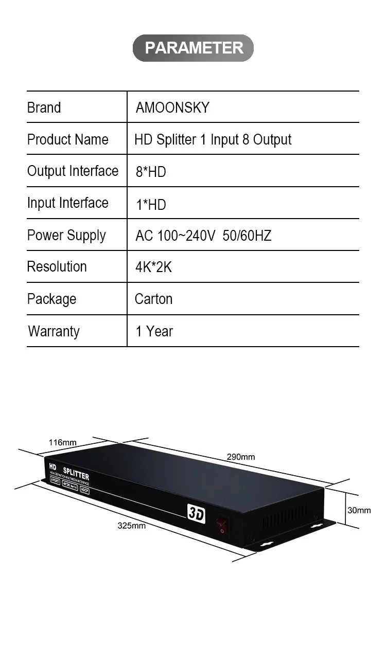 AMS-H1S8 1x8 splitter support 1080p 4K HD resolution like dtech DT-7148 in dicolor led rental display For hdml-compatible