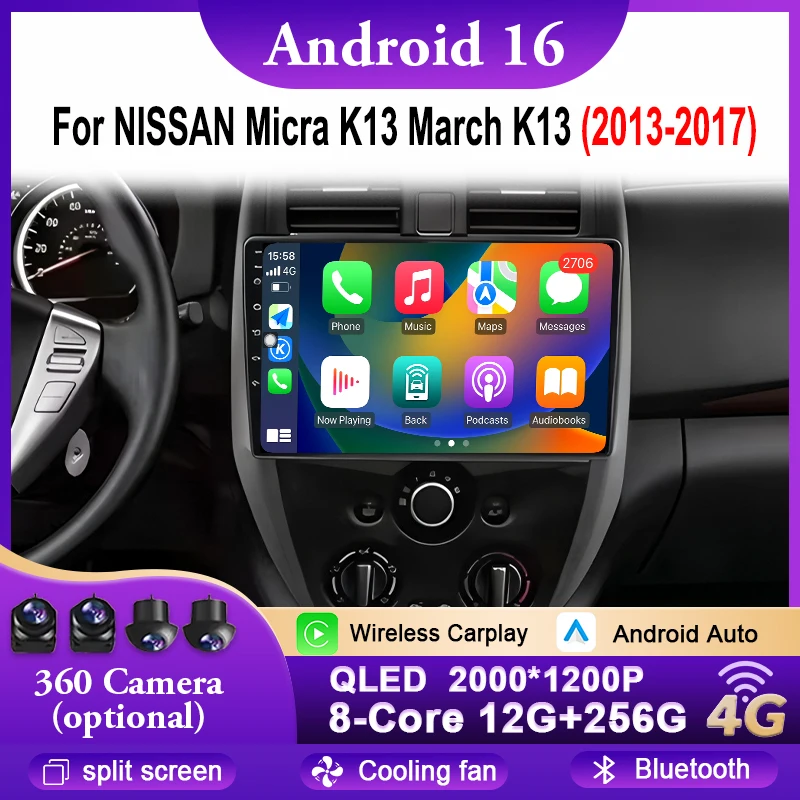 Android 16 Autoradio für NISSAN Micra K13 March K13 2013-2017 GPS Stereo Carplay Multimedia Player Android Auto 4G Wifi DSP