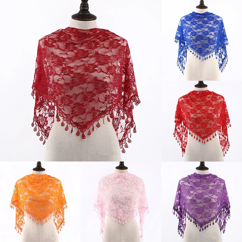 New Rose Lace Triangle Tasseled Shawl diy Women\'s Headscarf Elegant Scarf New