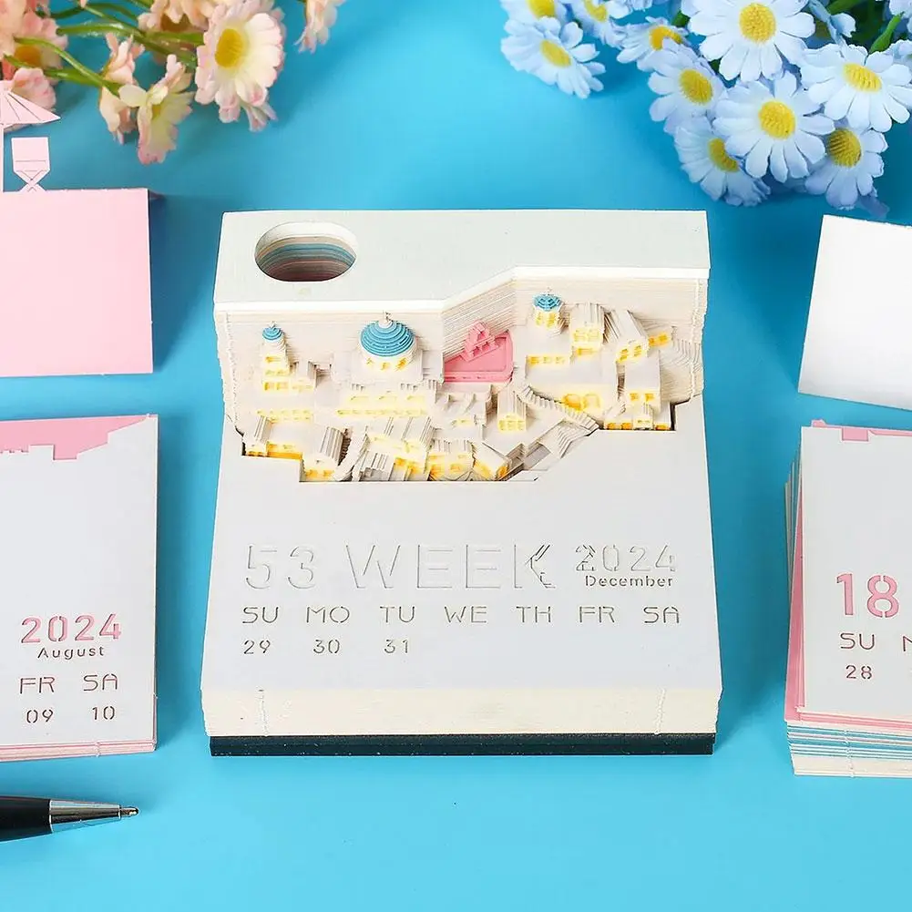 

2024 Calendar 3d Notepad Block Santorini 3d Art Calendar Light Desk With Decor Notes Gift Paper Memo Birthday Led Pad H5s6