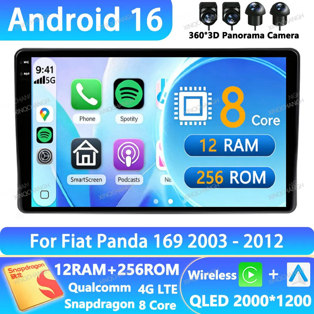 Автомагнитола Android 16 для Fiat Panda 169 2003-2012, мультимедийный видеоплеер BT QLED 2DIN, 4G WIFI, GPS-навигация, головное устройство BT GPS