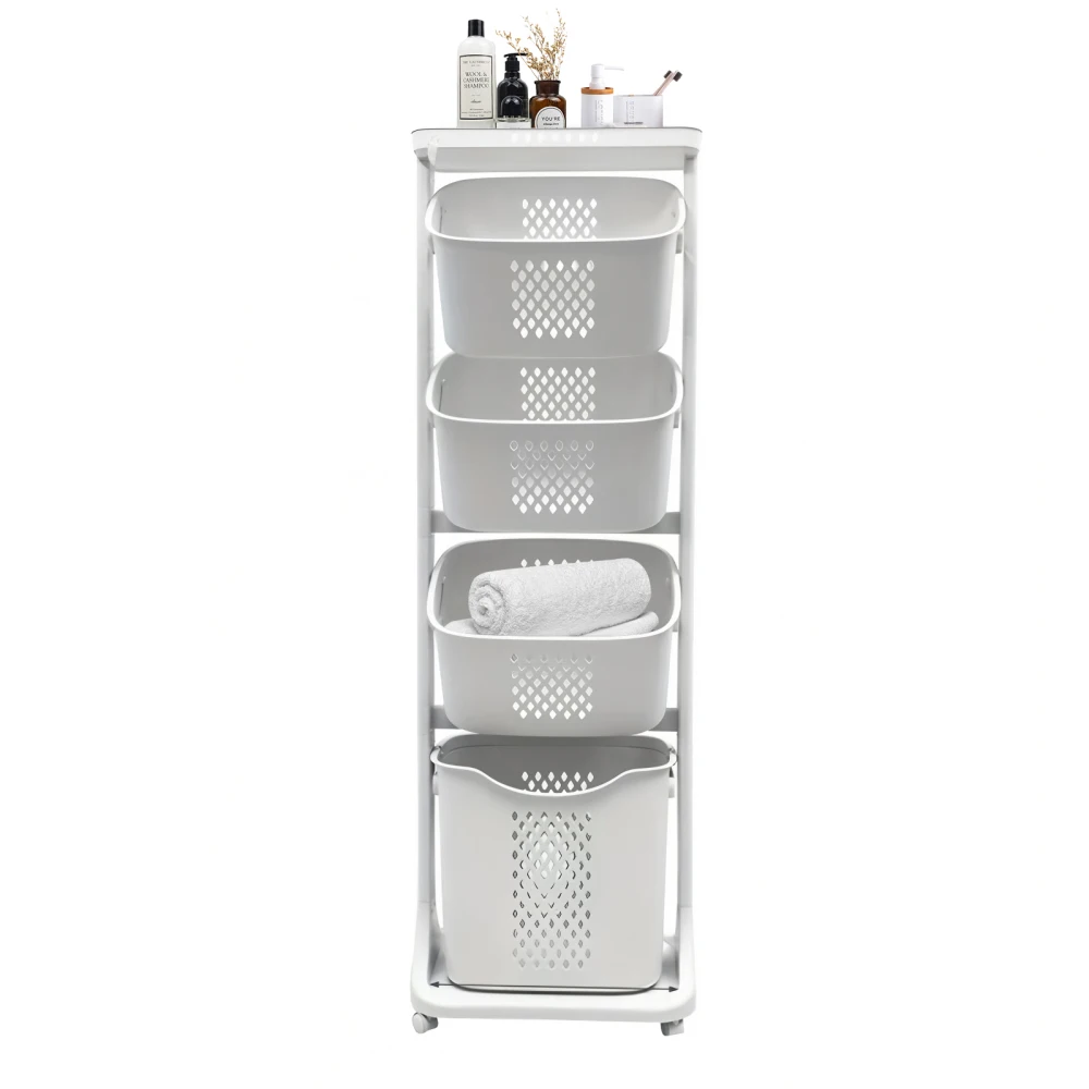 

4-Tier White Laundry Hamper Sorter with Wheels, Removable Baskets, Bathroom Cart for Dirty Clothes