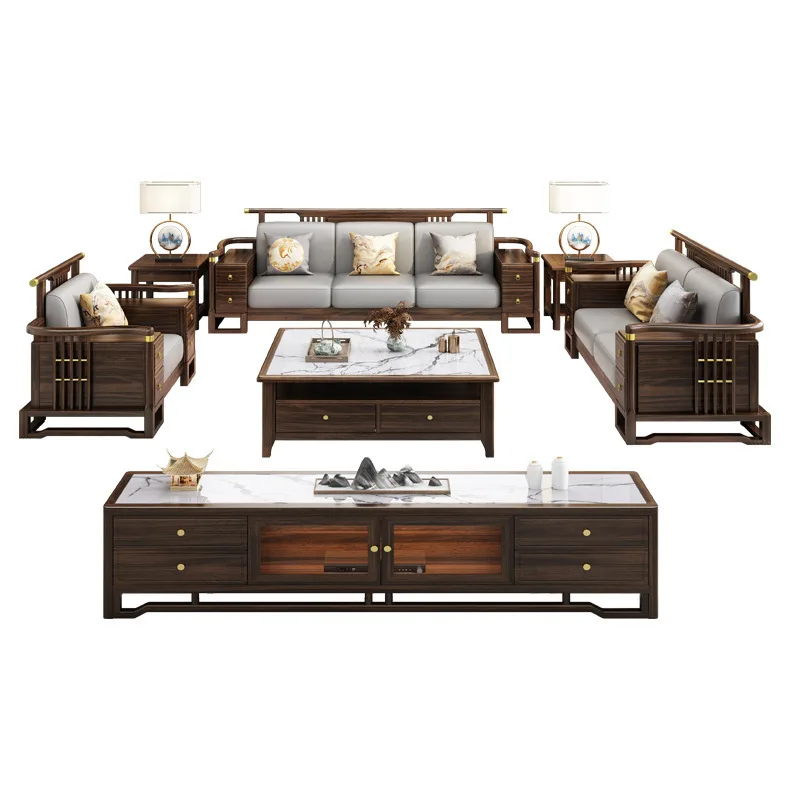 

New Chinese ebony solid wood sofa combination, large living room light luxury storage, high-end villa Chinese style furniture