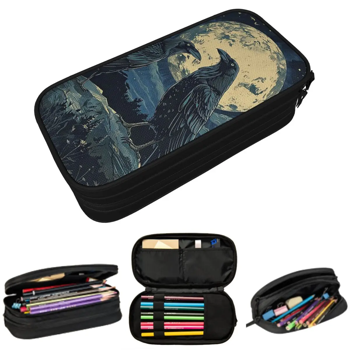 

Crows Under Full Moon Pencil Case for Students Gifts Pen Box Pencil Bag Stationery Supplies Pen Holder Bag