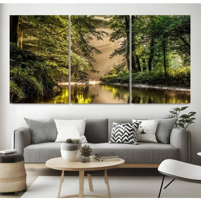 3PCS Forest River Nature Canvas Print, Sunrise Sunbeam Landscape Art For Living Room Wall Decoration
