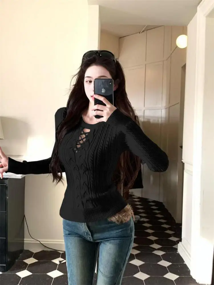 

Осень-зима, женский вязаный тонкий однотонный свитер с круглым вырезом и длинными рукавами, корейский пуловер в стиле ретро для отпуска, топы, одежда