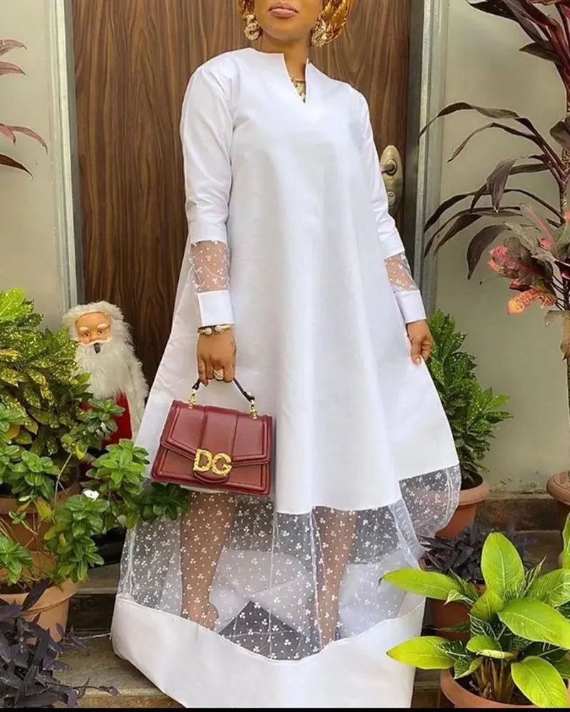 

2025 Summer Elegent African Women Long Sleeve V-neck Polyester White Long Dress African Dresses for Women S-3XL Maxi Dress