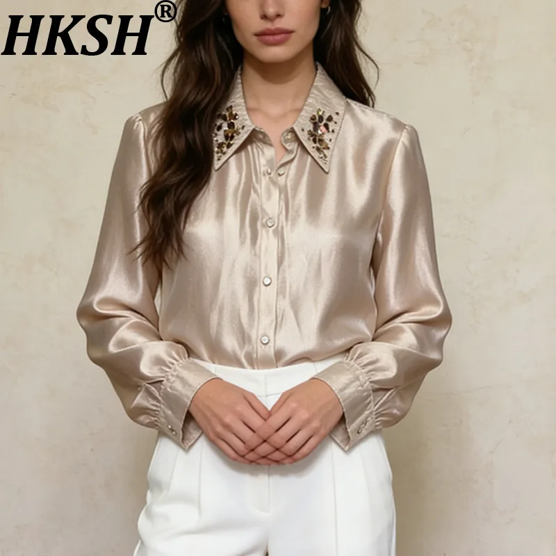 

HKSH Women Shirt Turn-down Collar Studded Diamonds Single Breasted Versatile Elegant Korean Casual Top New Spring Autumn HK21385