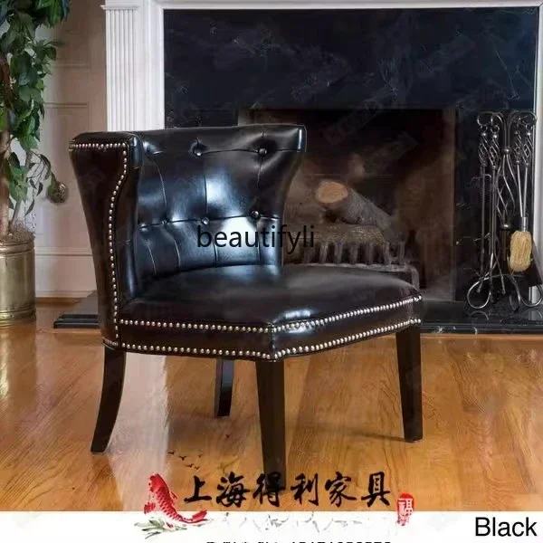 ss8350 Club Reception Chair American Country Solid Wood Leather Art Buckle Dining Chair Leisure Living Room Chair