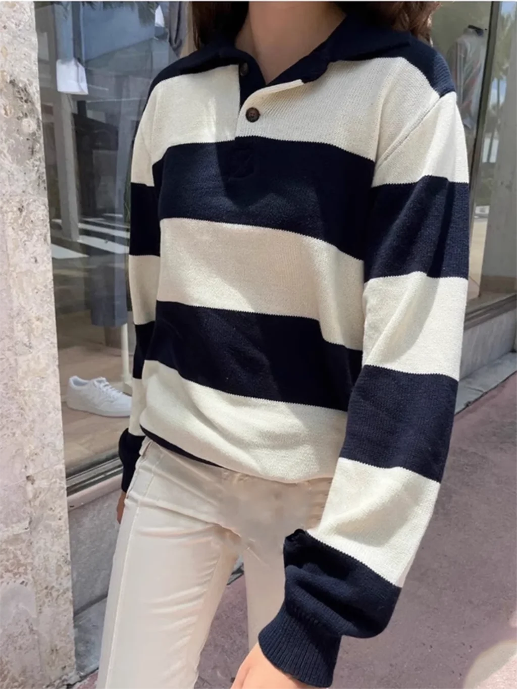 Vintage Stripes Sweet Sweater Woman Autumn Buttons Lapel Long Sleeve Pullover Preppy Style Casual Streetwear Jumper Sweaters Top