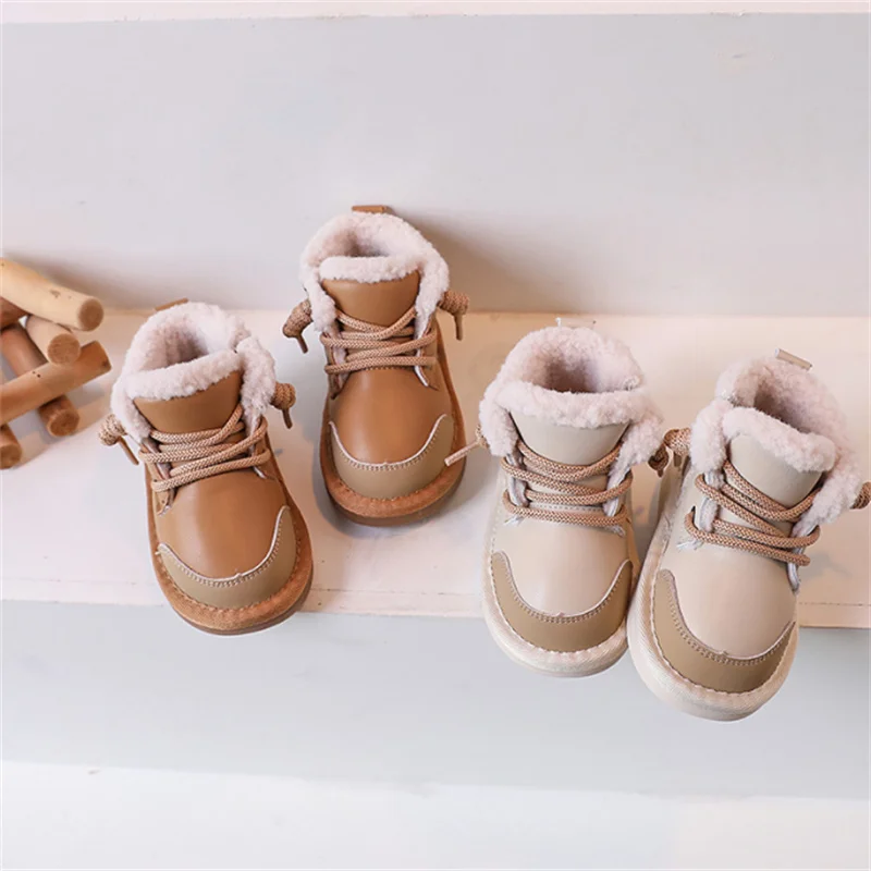 2023 New Winter Baby Boots For Boys Leather Warm Plush Little Girls Shoes Waterproof Non-slip Fashion Toddler Kids Snow Boots