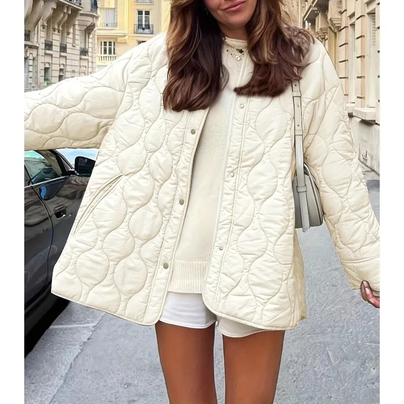 

2025 Autumn and Winter New Quilting Thread Decoration Simple Solid Color Round Neck Loose Cotton-padded Clothes