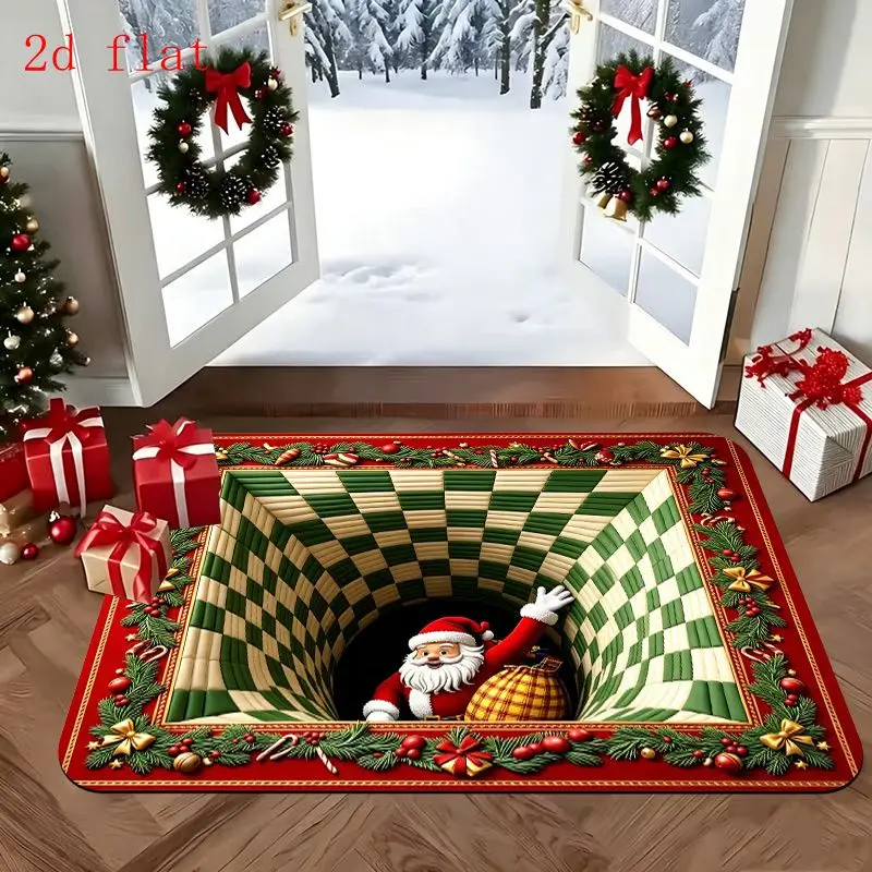 VIKAMA 3D Vortex Tunnel Santa Doormat Green Plaid Optical Illusion Skid Resistant Xmas Entry Rug Seasonal Xmas Decor Home