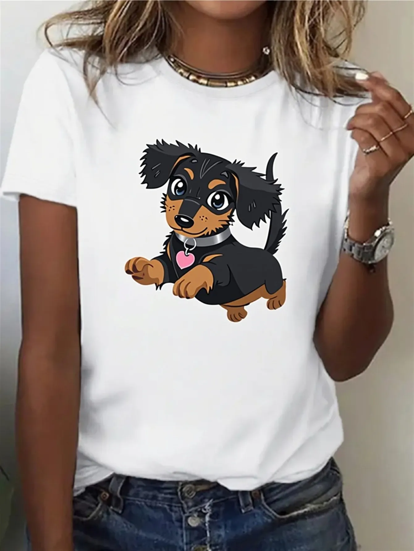 Women's Cute Puppy Print T-Shirt Short Sleeve Crew Neck Top Pattern Casual Summer Leisure Wear Comfortable and Fashionable Y2K