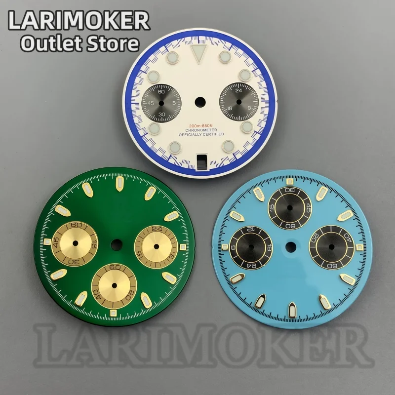 

LARIMOKER 30mm sea blue green white dial green luminescent hands compatible with VK63 VK64 movements waterproof