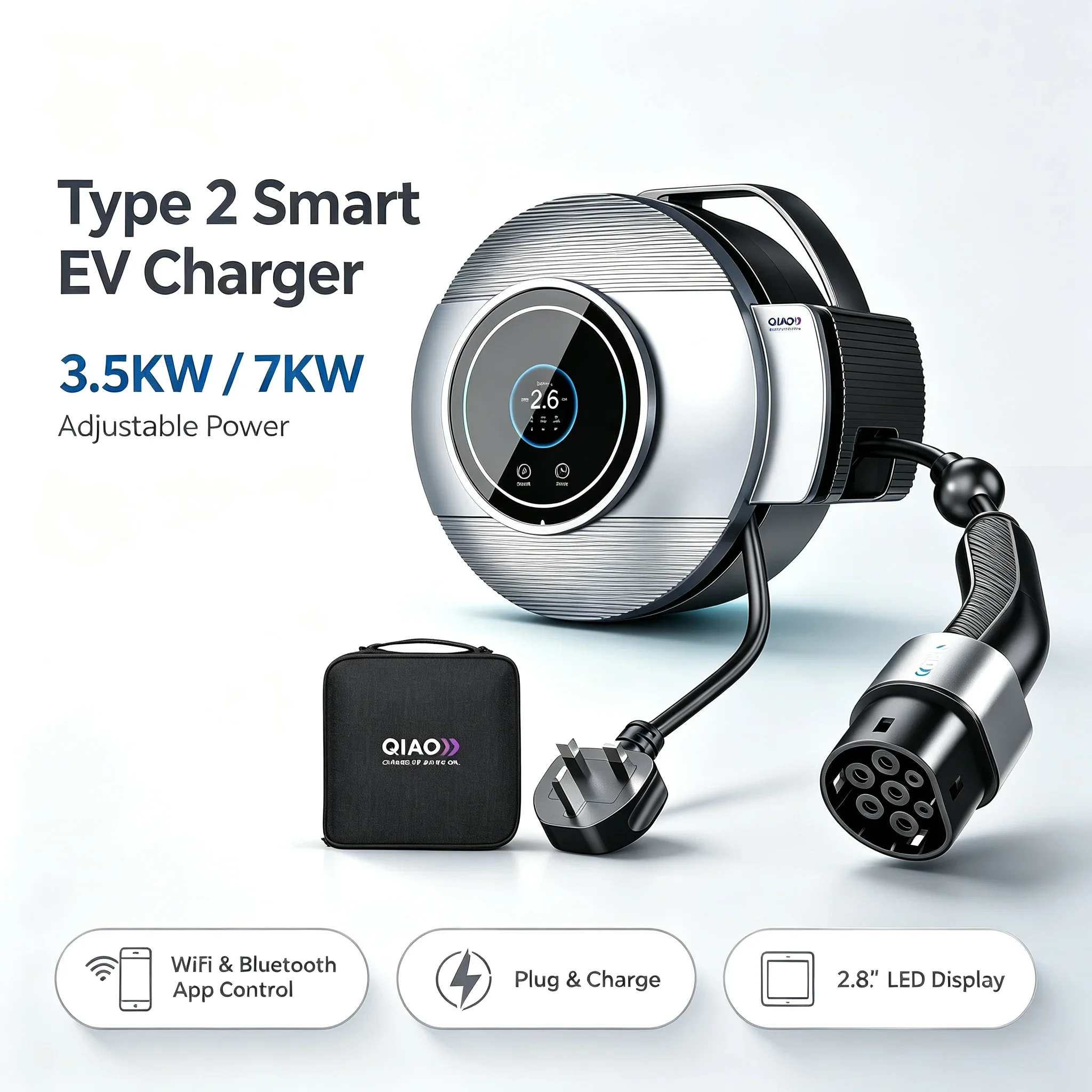 QIAO Type 2 Smart EV Charger 3.5KW/7KW WiFi/Blue-tooth/App Control Plug Charge with LED Display 2.8-Inch Display Electric Car
