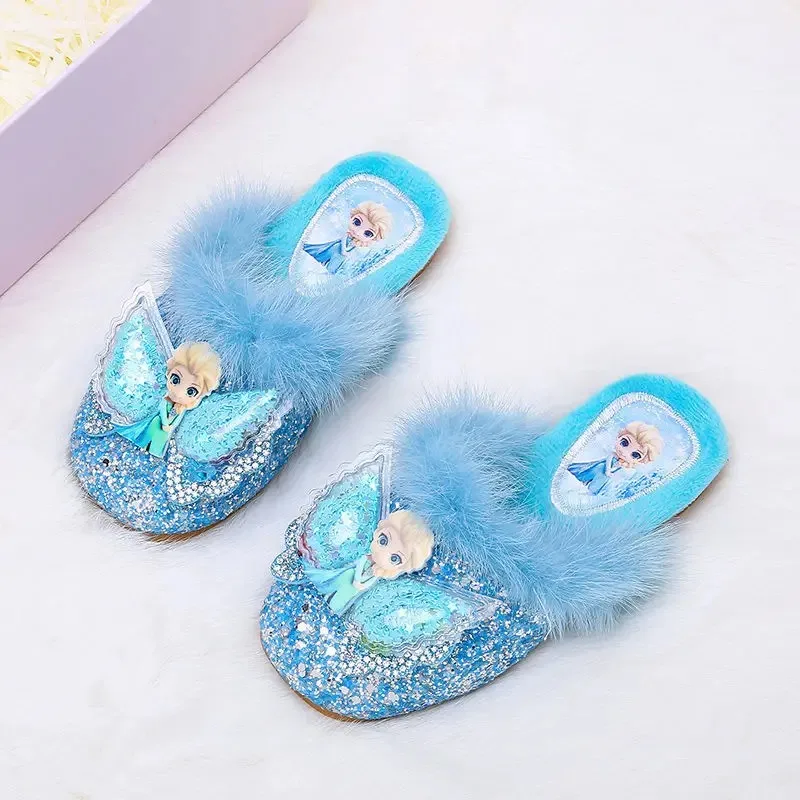 Cartoon Girl\'s Casual Shoes Disney Frozen Princess Elsa Autumn Winter Warm Shoes Fur Girls Soft Bottom Cotton Slippers Pink Blue