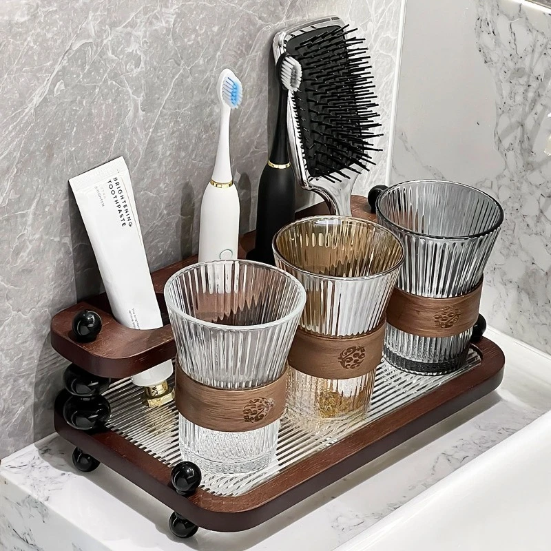 Walnut Wood Toothbrush Holder, Home Bathroom Countertop Toothpaste and Mouthwash Cup Storage Rack