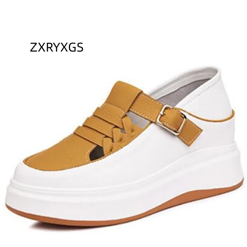 ZXRYXGS Superior Cow Leather White Shoes Wedges Internal Elevation Shoes Comfort 2023 Spell Color Tide Shoes Shoes Size 31-40