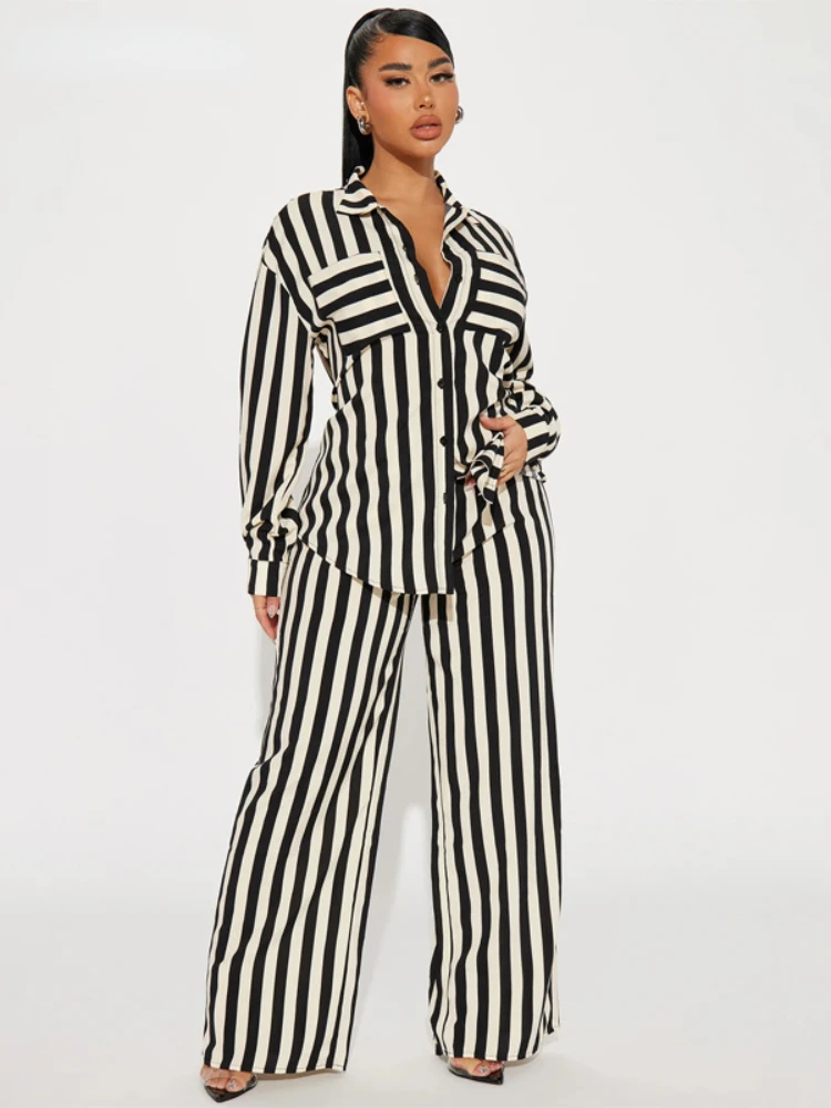 BWQ Striped Women's Set Long Sleeve Pocket Shirt and Straight Wide Leg Pants 2024 Fashion Two 2 Piece Sets Outfit Tracksuit