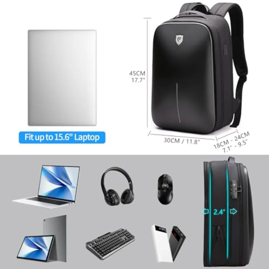 حقيبة ظهر للكمبيوتر المحمول للألعاب من FENRUIEN مقاس 15.6 بوصة حقيبة ظهر صلبة قابلة للتوسيع مع منفذ شحن USB وحساب أعمال مقاوم للماء #3
