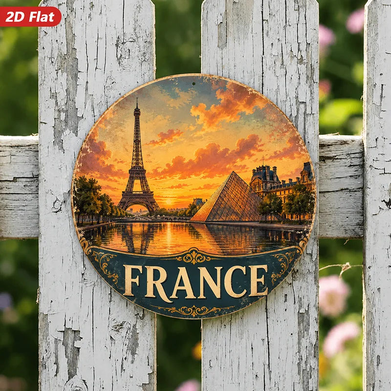 2D Flat, 1pc Paris Skyline Round Metal Sign Wall Art, Eiffel Tower, Louvre Pyramid, Sunset Reflection, Golden Sky, Paris Landmar