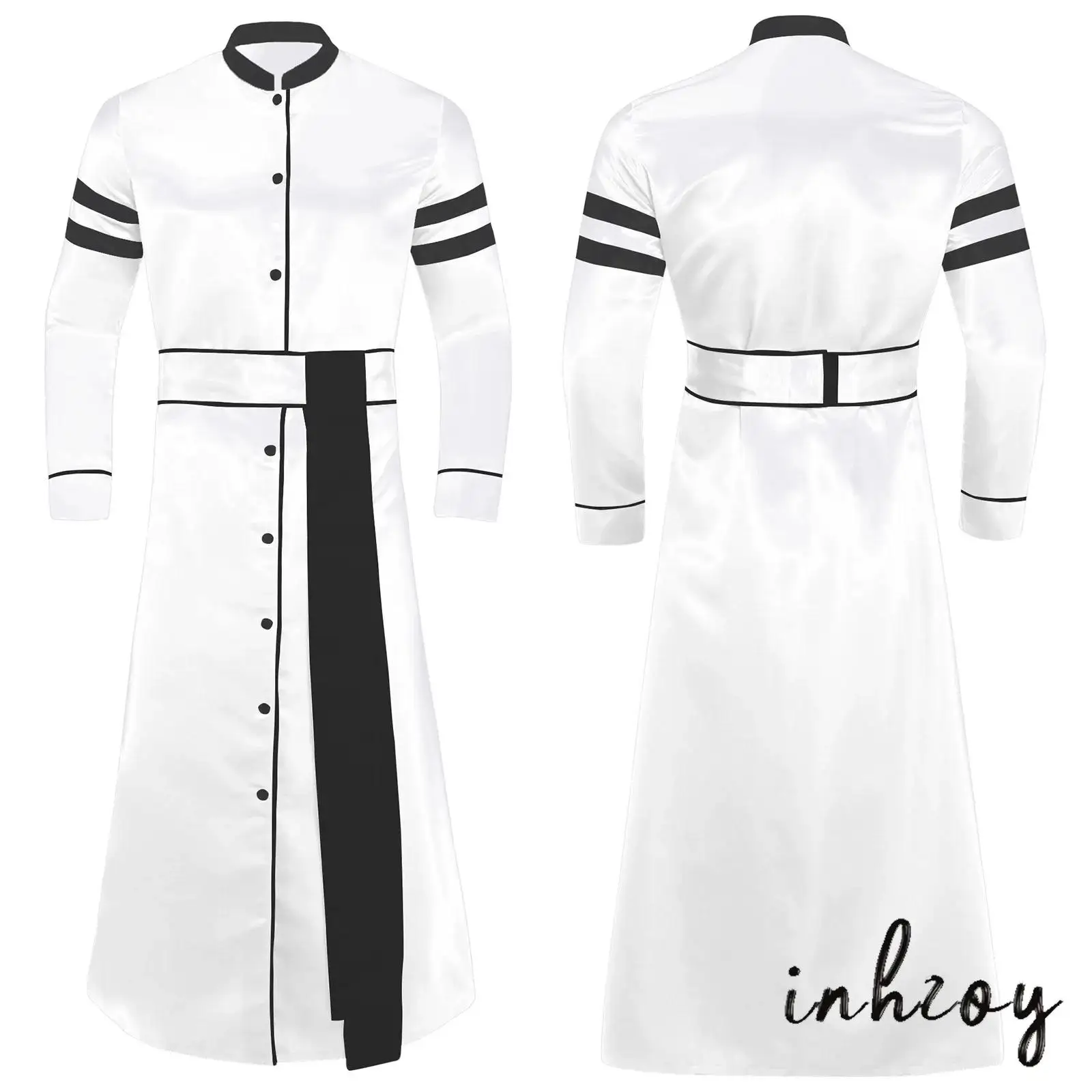 

Mens Halloween Easter Medieval Cosplay Costume Stand Collar Priest Robe Shiny Spliced Cassock for Church Pastor Clergy Cosplay