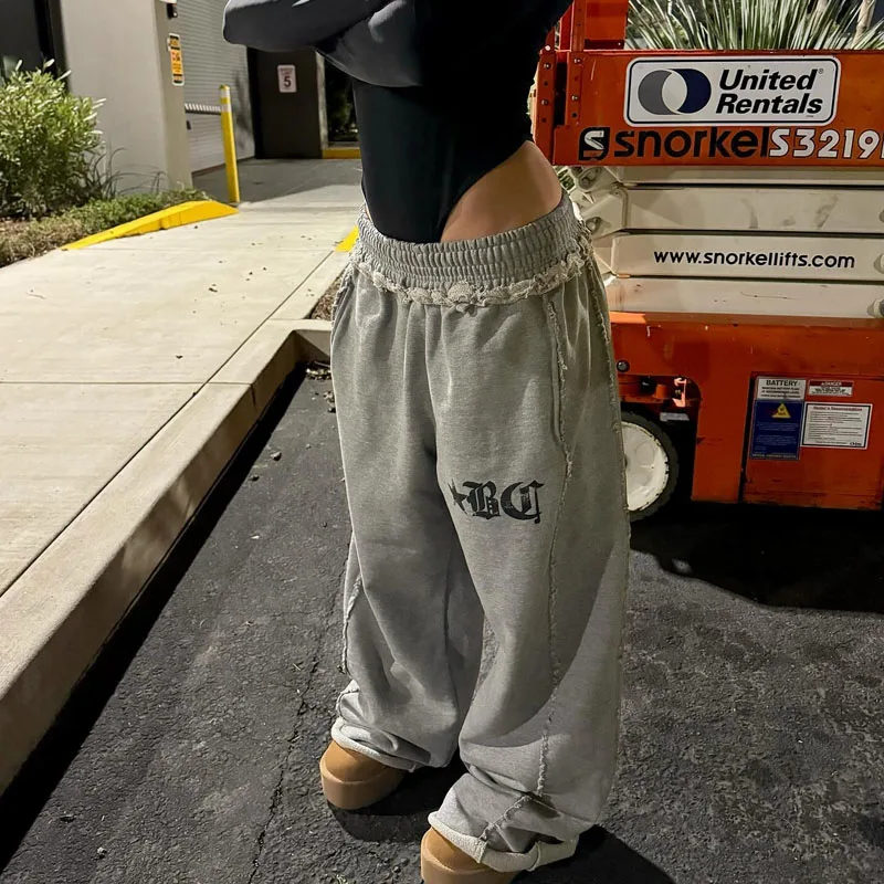 

Four season reversible waistline design solid color letter printed wide leg pants for women's basic street casual sports pants