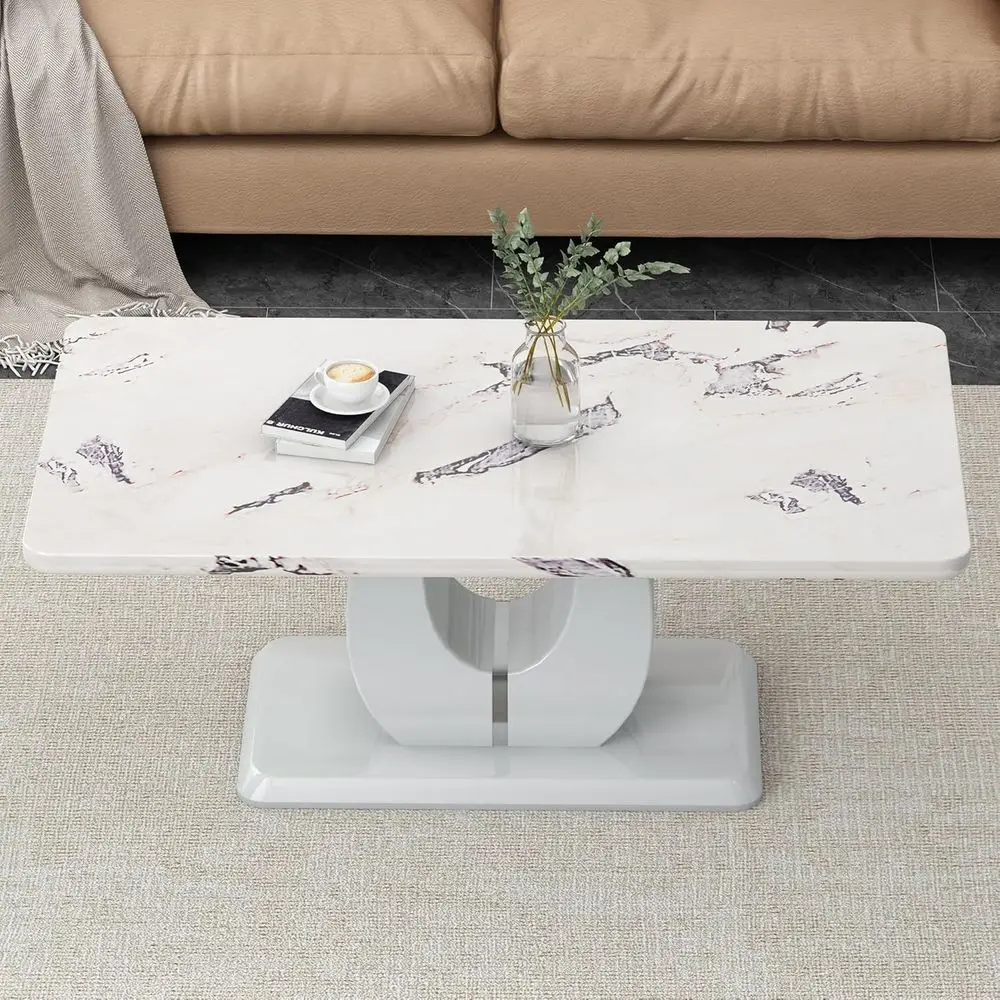 طاولة قهوة حديثة ذات مظهر رخامي مع مساحة تخزين لغرف المعيشة الصغيرة (43.3 لتر × 22.4 وات، أبيض ورمادي) #6