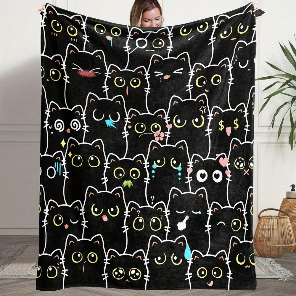 Cartoon Doodle Black Cat With Rich Faces Graffiti Art Pattern Soft Blanket Fit Living Room Bed Travel Multi-scene Home Daily Use