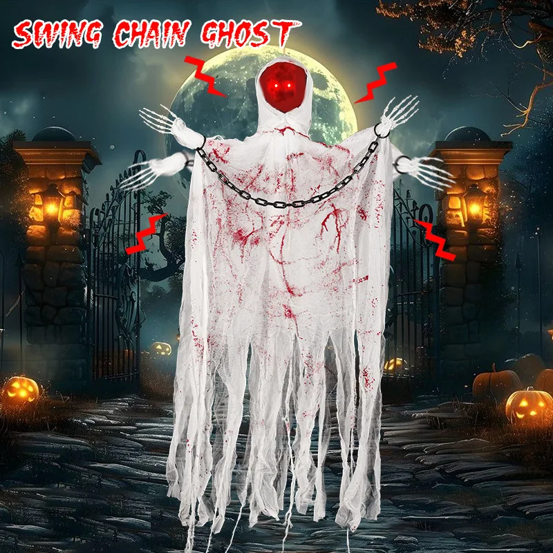 New Halloween Horror Faceless Chain White Ghost Induction Electric Glow Sound Swing Scary Atmosphere Pack For Inside Outdoor