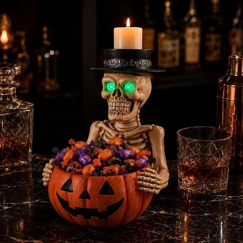 for Halloween skull statue with pumpkin candy bowl and candlestick, Halloween ghostly table decoration