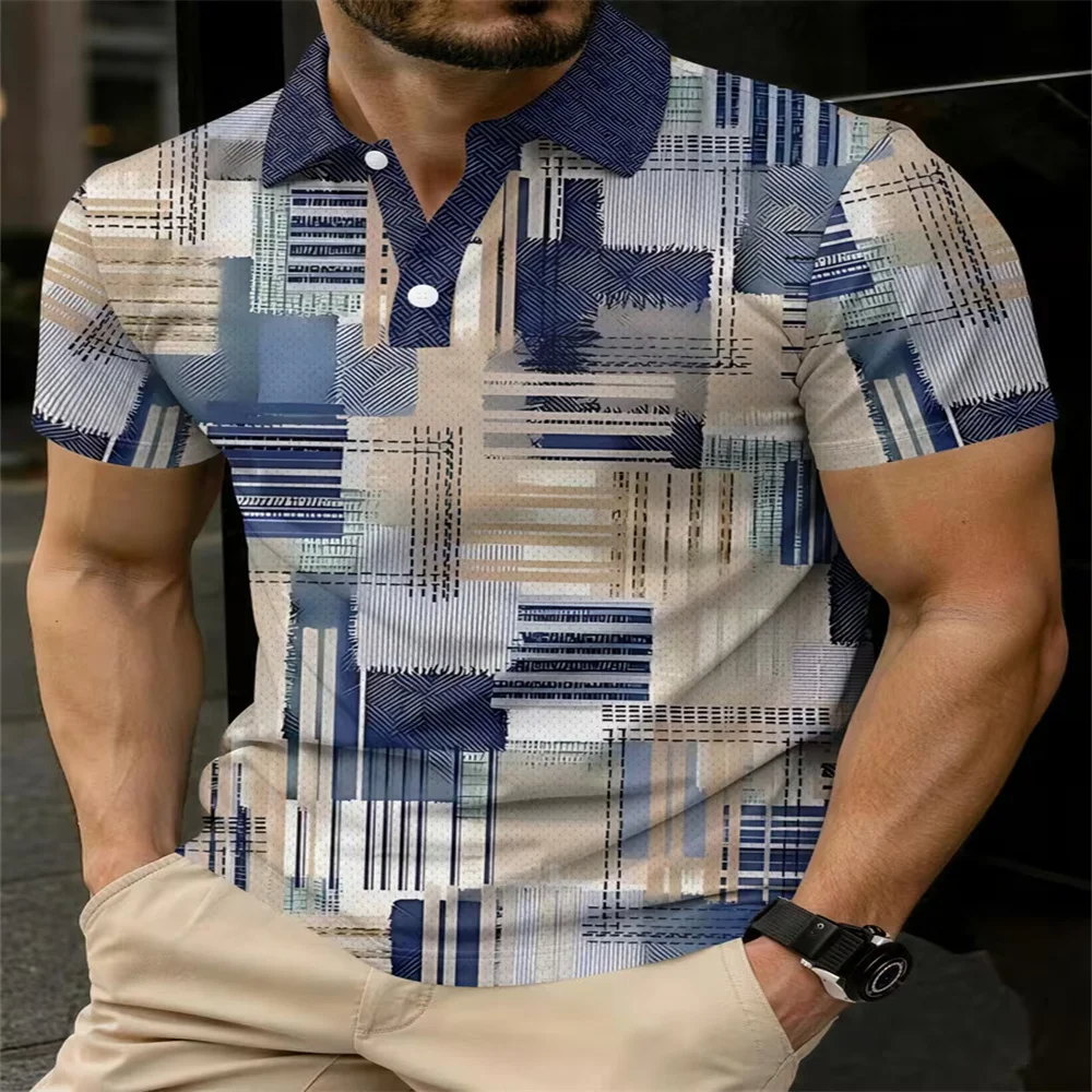 Men's 3D printed striped floral polo shirt, gradient pattern T-shirt, loose-fitting short-sleeved T-shirt for summer, stylish an