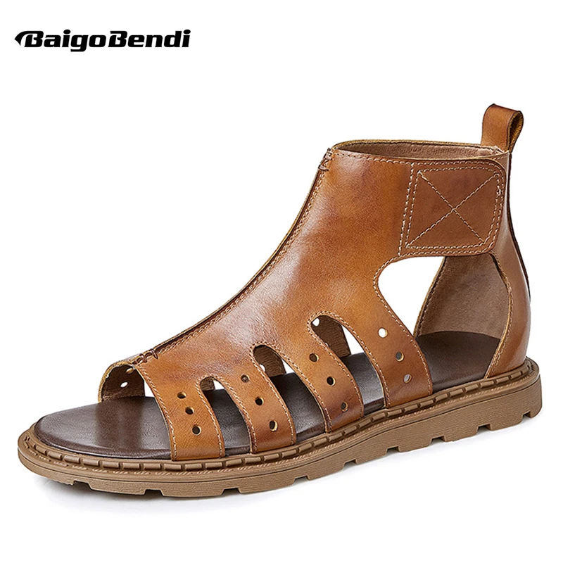 

New Breathable Men's Gladiator Sandals High-top Real Leather Cowhide Roman Style Hollow-out Summer Beach Shoes Modern Man