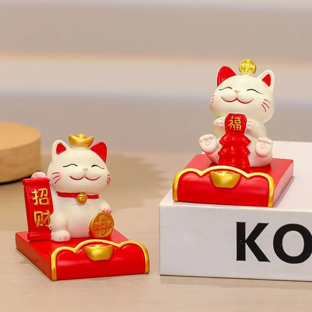 Figurine Miniature Items Lucky Cat Phone Holder Chinese Style Resin Crafts Animal Mobile Phone Stand Realistic Exquisite